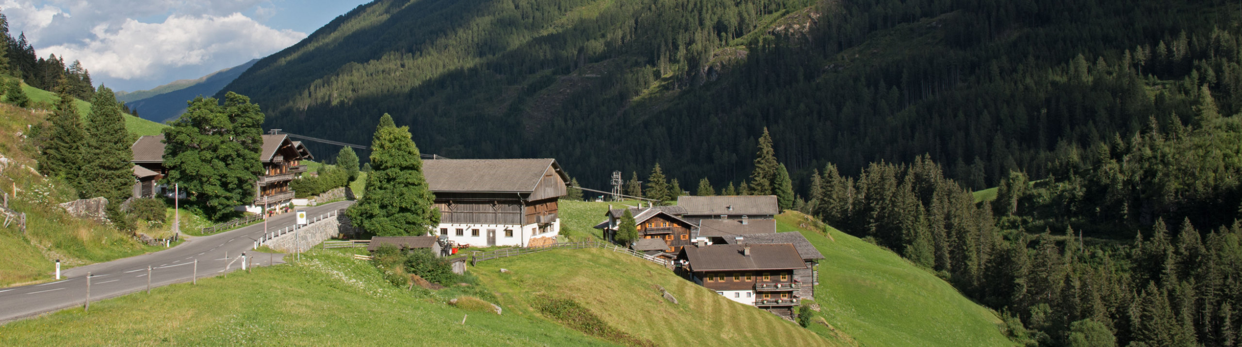 Landwirtschaft in steilen Hängen Weiler in Tirol mit Bauernhäusern